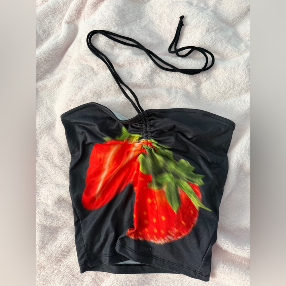 silence + noise Black Crop Top with Red Strawberry Print. Worn once.